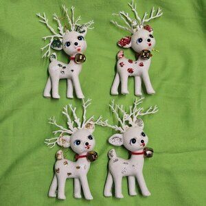Vintage Christmas Tree Ornaments Flocked Reindeer, White & Red Lot of 4